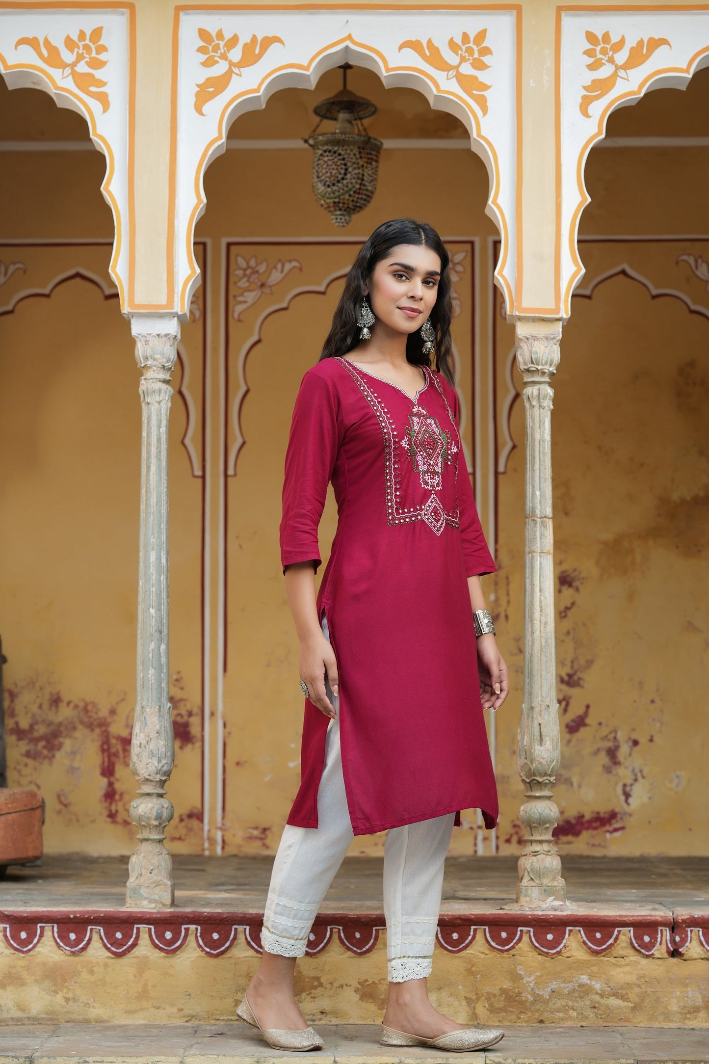 Maroon Rayon Festive Wear Embroidered Straight Kurta