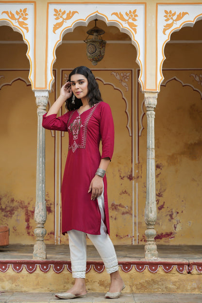 Maroon Rayon Festive Wear Embroidered Straight Kurta