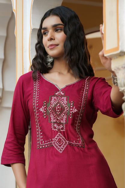 Maroon Rayon Festive Wear Embroidered Straight Kurta