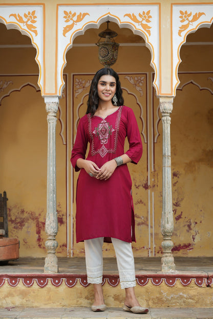Maroon Rayon Festive Wear Embroidered Straight Kurta