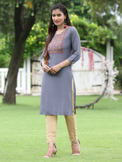 Blue Rayon Festive Wear Embroidered Straight Kurta