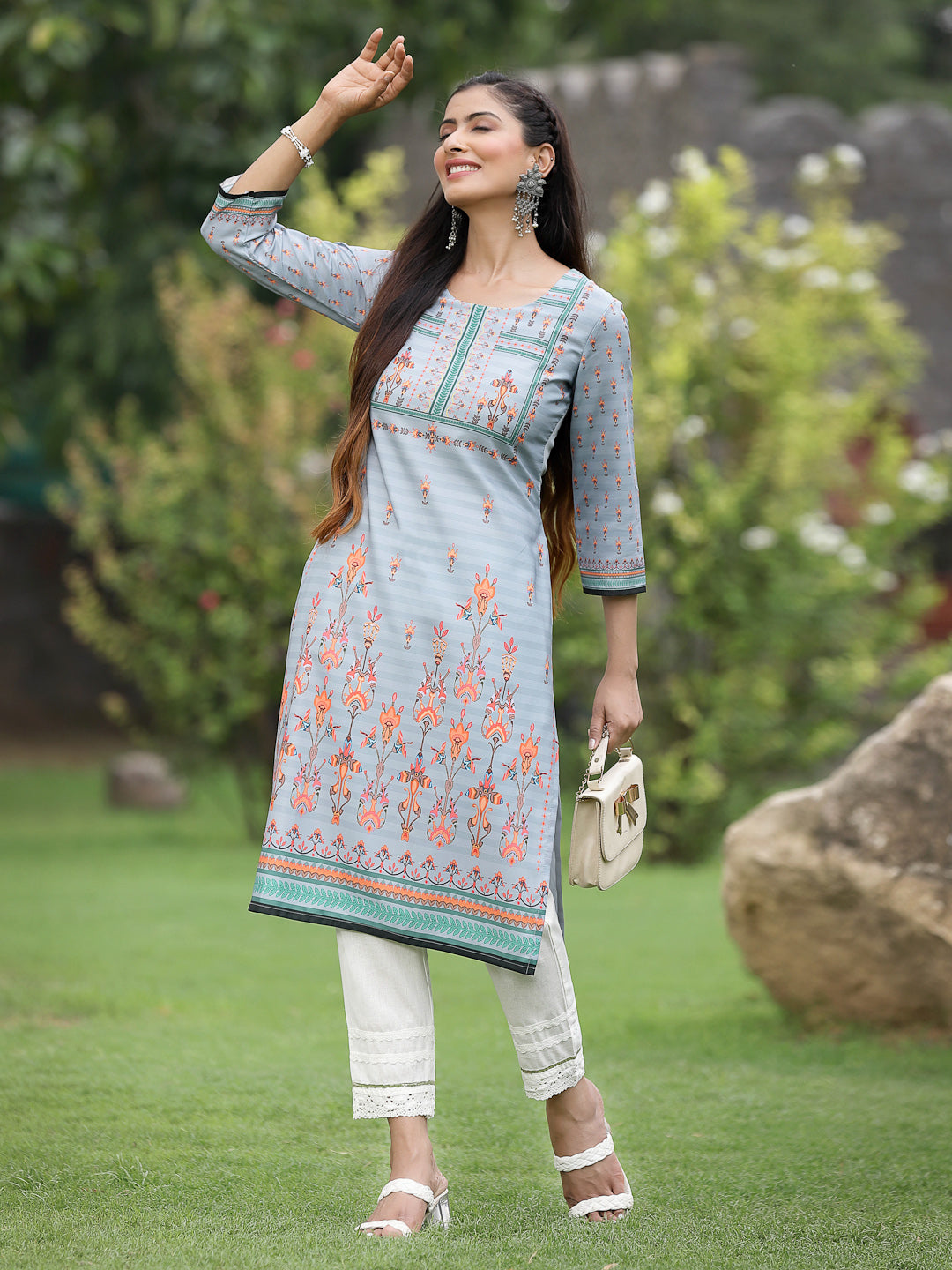 Grey Crepe Casual Wear Digital Printed Straight Kurta