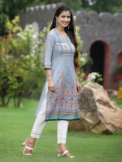 Grey Crepe Casual Wear Digital Printed Straight Kurta