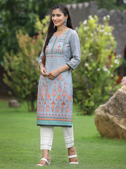 Grey Crepe Casual Wear Digital Printed Straight Kurta