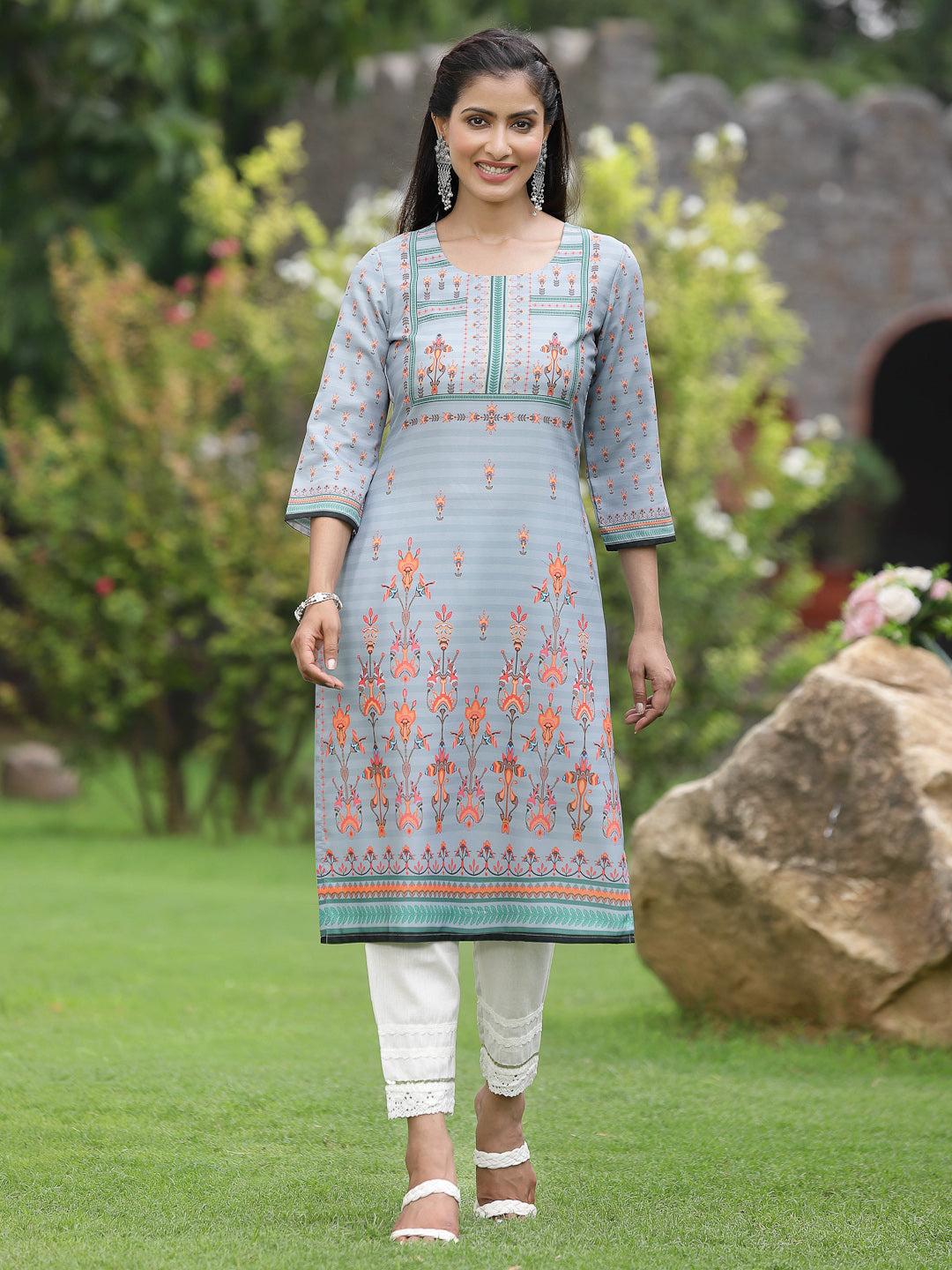 Grey Crepe Casual Wear Digital Printed Straight Kurta