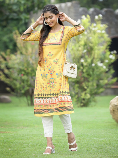 Yellow Crepe Casual Wear Digital Printed Straight Kurta