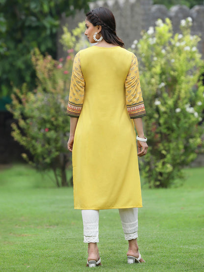 Yellow Crepe Casual Wear Digital Printed Straight Kurta