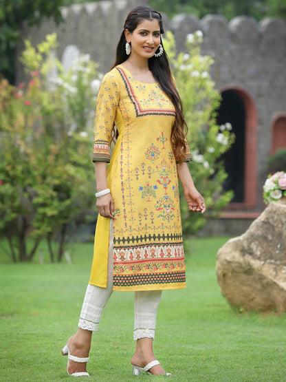 Yellow Crepe Casual Wear Digital Printed Straight Kurta