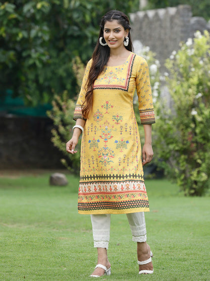Yellow Crepe Casual Wear Digital Printed Straight Kurta