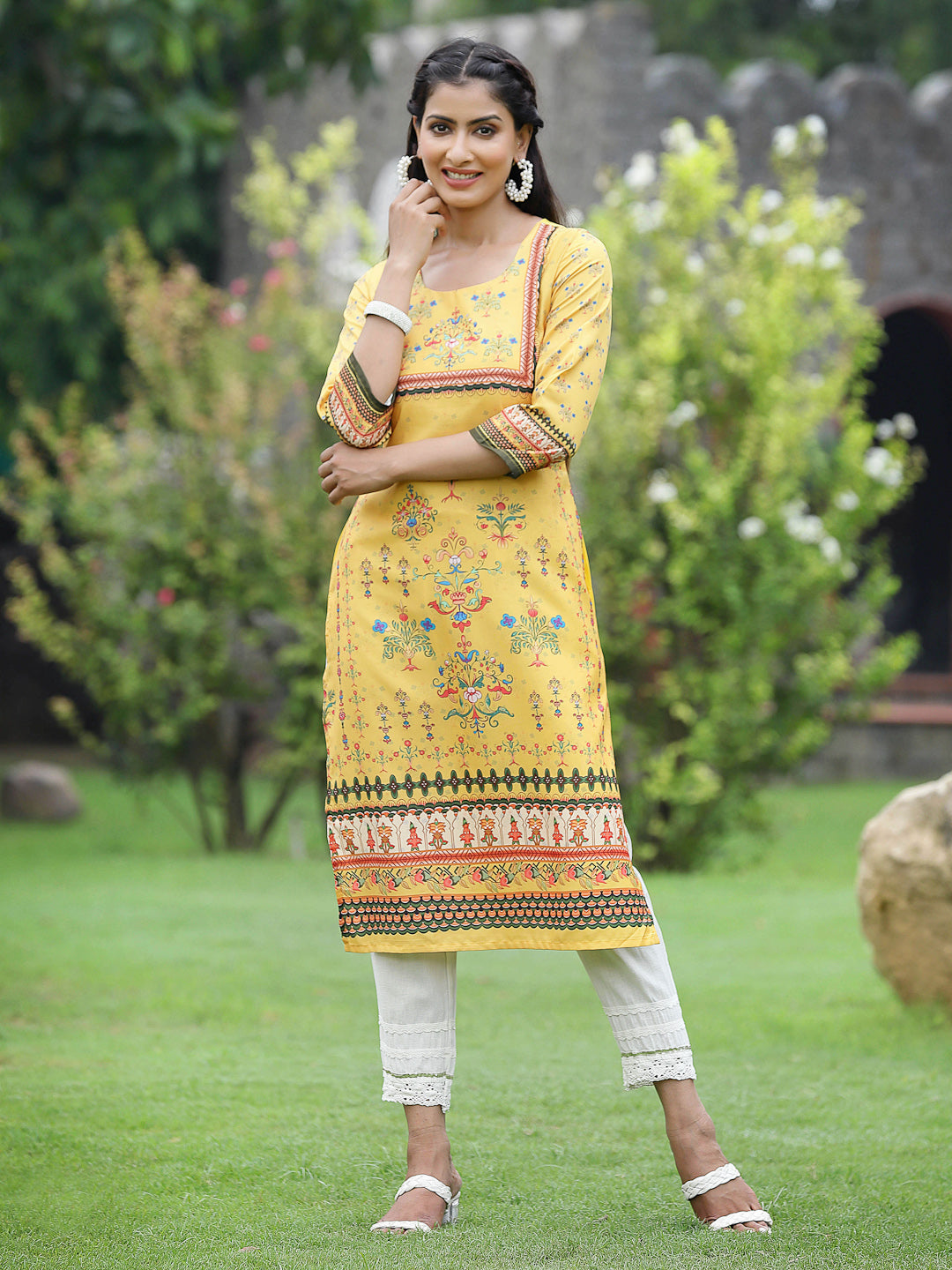 Yellow Crepe Casual Wear Digital Printed Straight Kurta