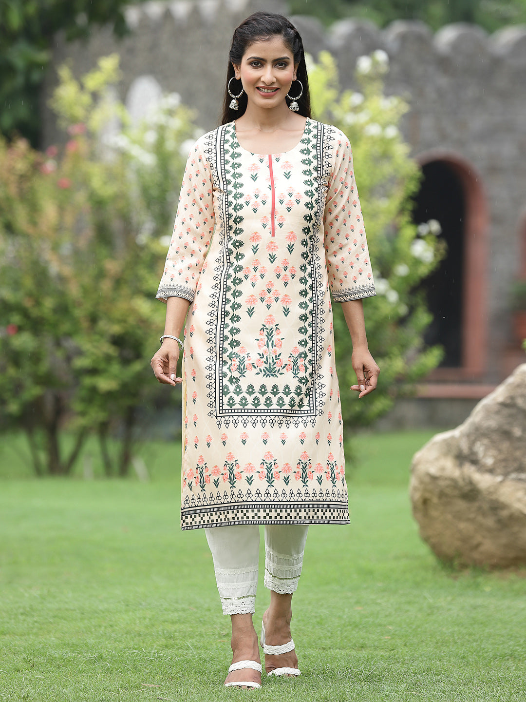 Off-White Crepe Casual Wear Digital Printed Straight Kurta
