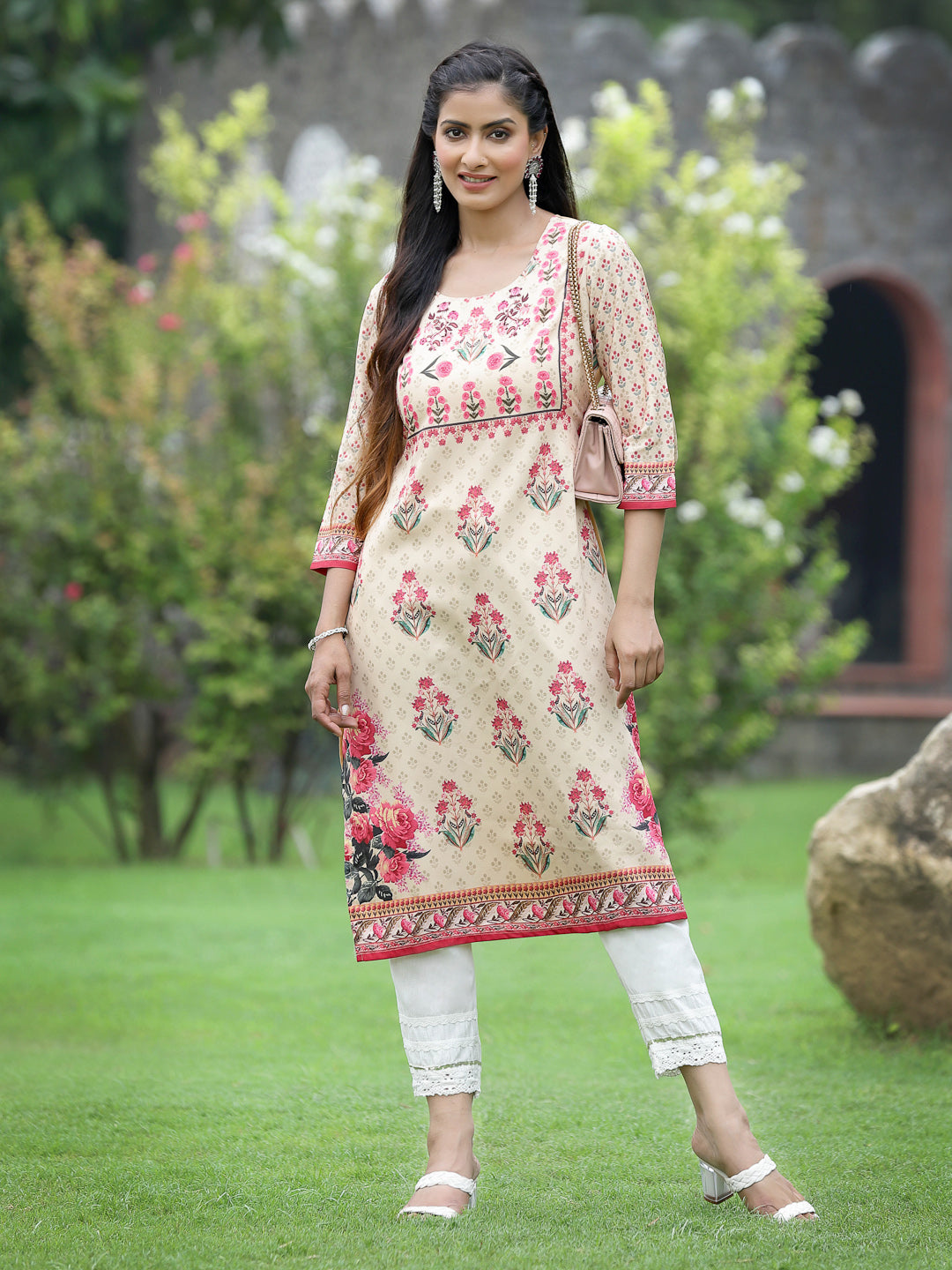 Beige Crepe Casual Wear Digital Printed Straight Kurta