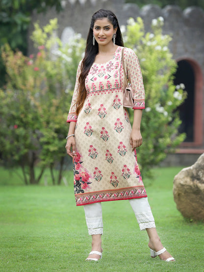 Beige Crepe Casual Wear Digital Printed Straight Kurta