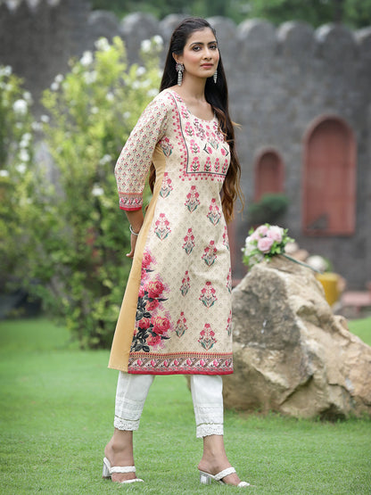 Beige Crepe Casual Wear Digital Printed Straight Kurta