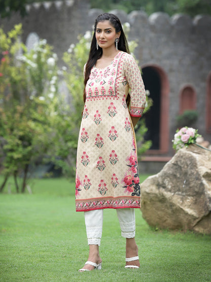 Beige Crepe Casual Wear Digital Printed Straight Kurta