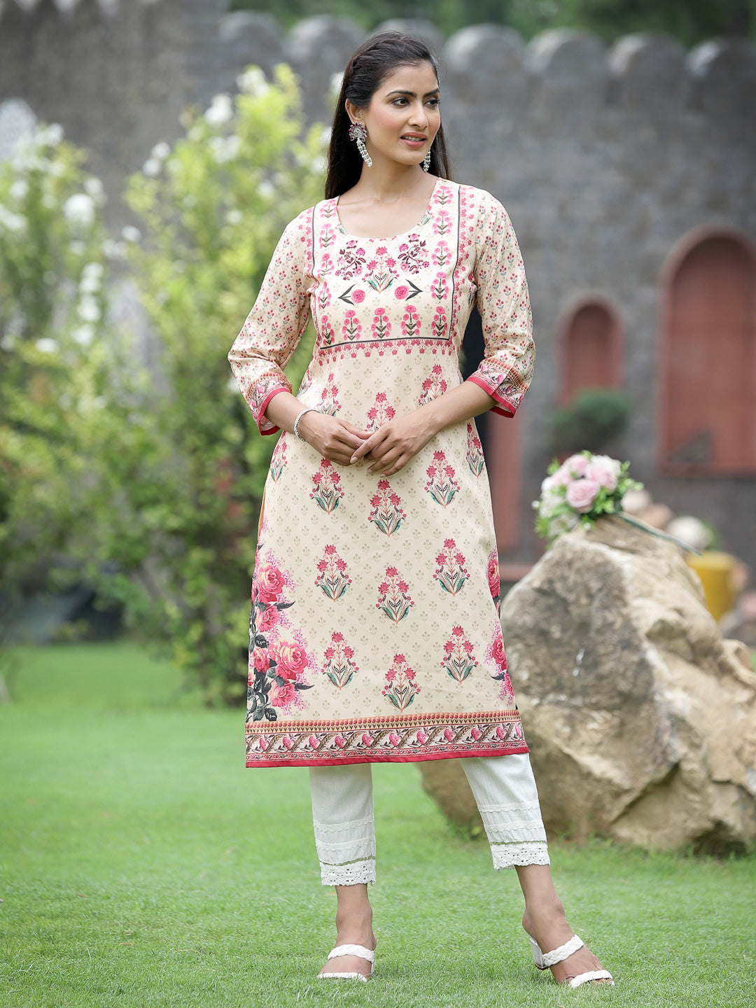 Beige Crepe Casual Wear Digital Printed Straight Kurta