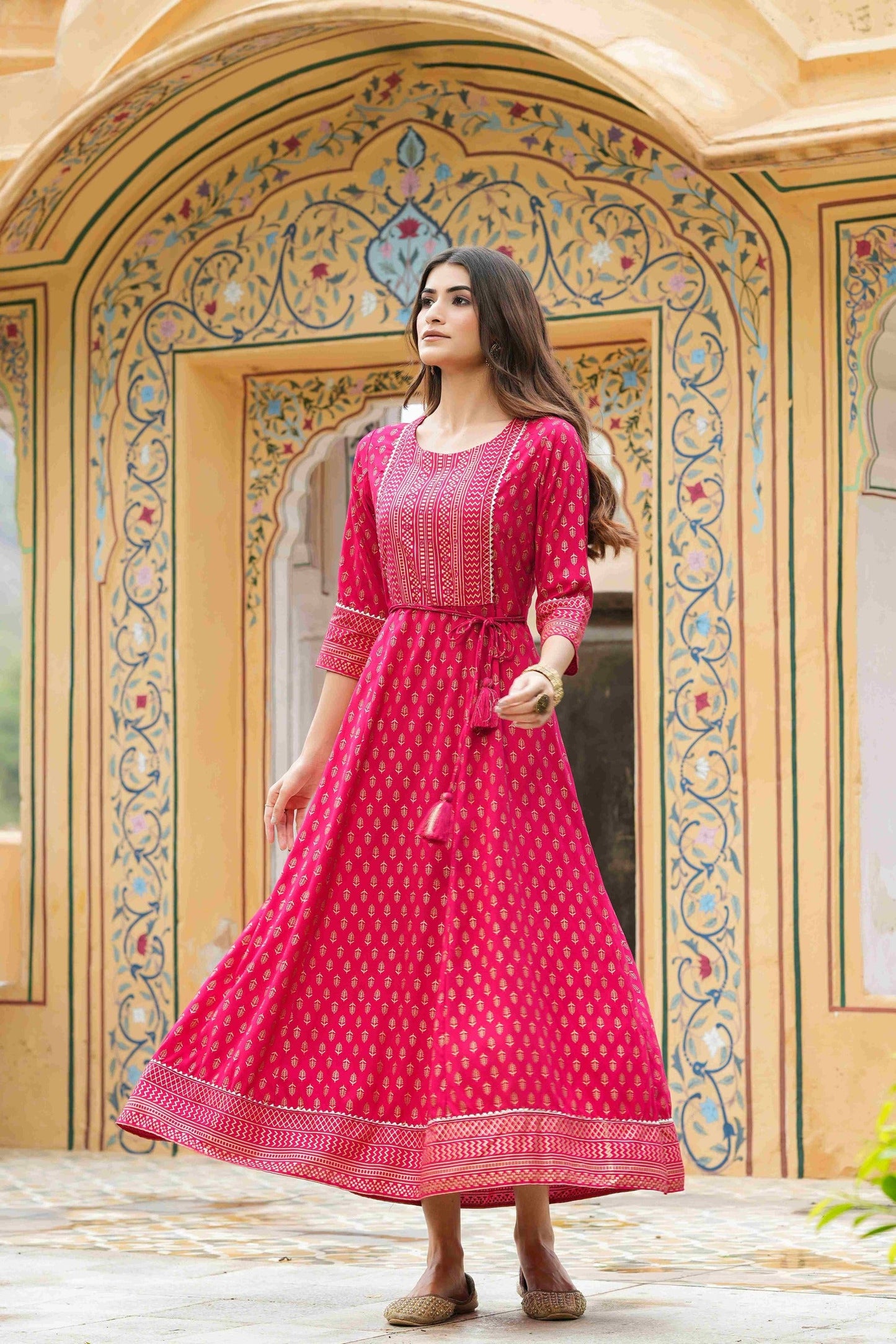 Fuchsia Rayon Festive Wear Foil Printed A-Line Long Dress
