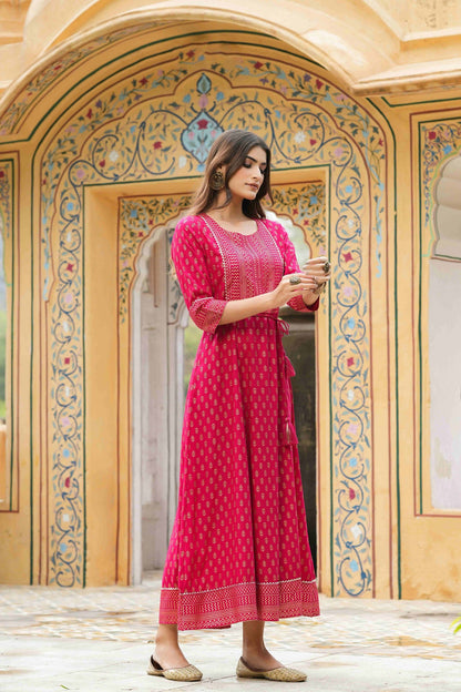 Fuchsia Rayon Festive Wear Foil Printed A-Line Long Dress