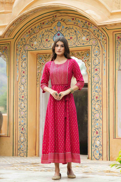 Fuchsia Rayon Festive Wear Foil Printed A-Line Long Dress