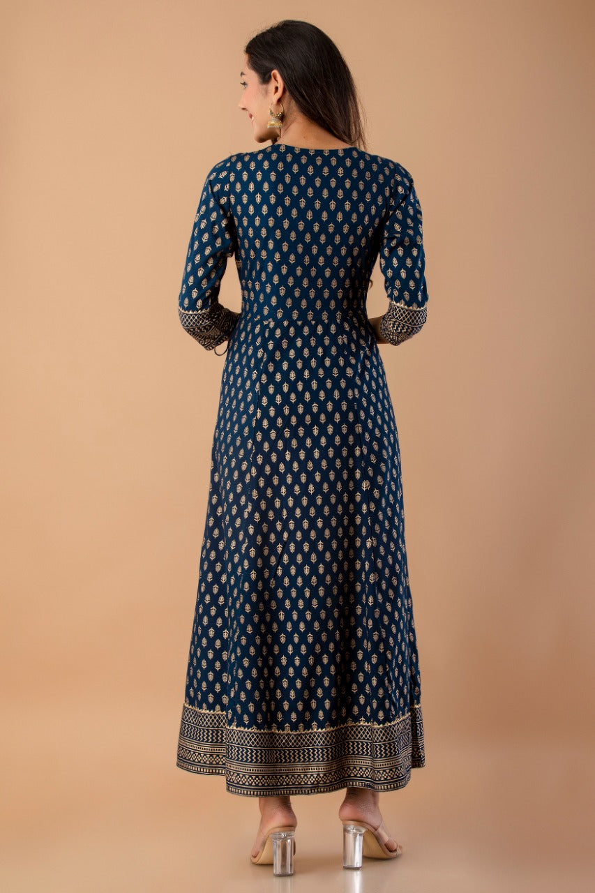 Navy Rayon Festive Wear Foil Printed A-Line Long Dress