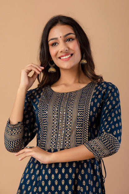 Navy Rayon Festive Wear Foil Printed A-Line Long Dress