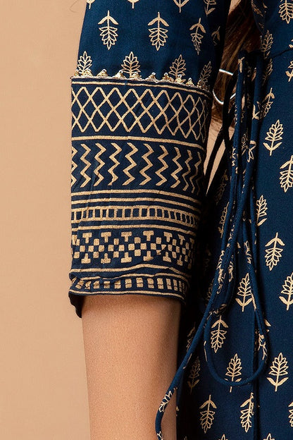 Navy Rayon Festive Wear Foil Printed A-Line Long Dress