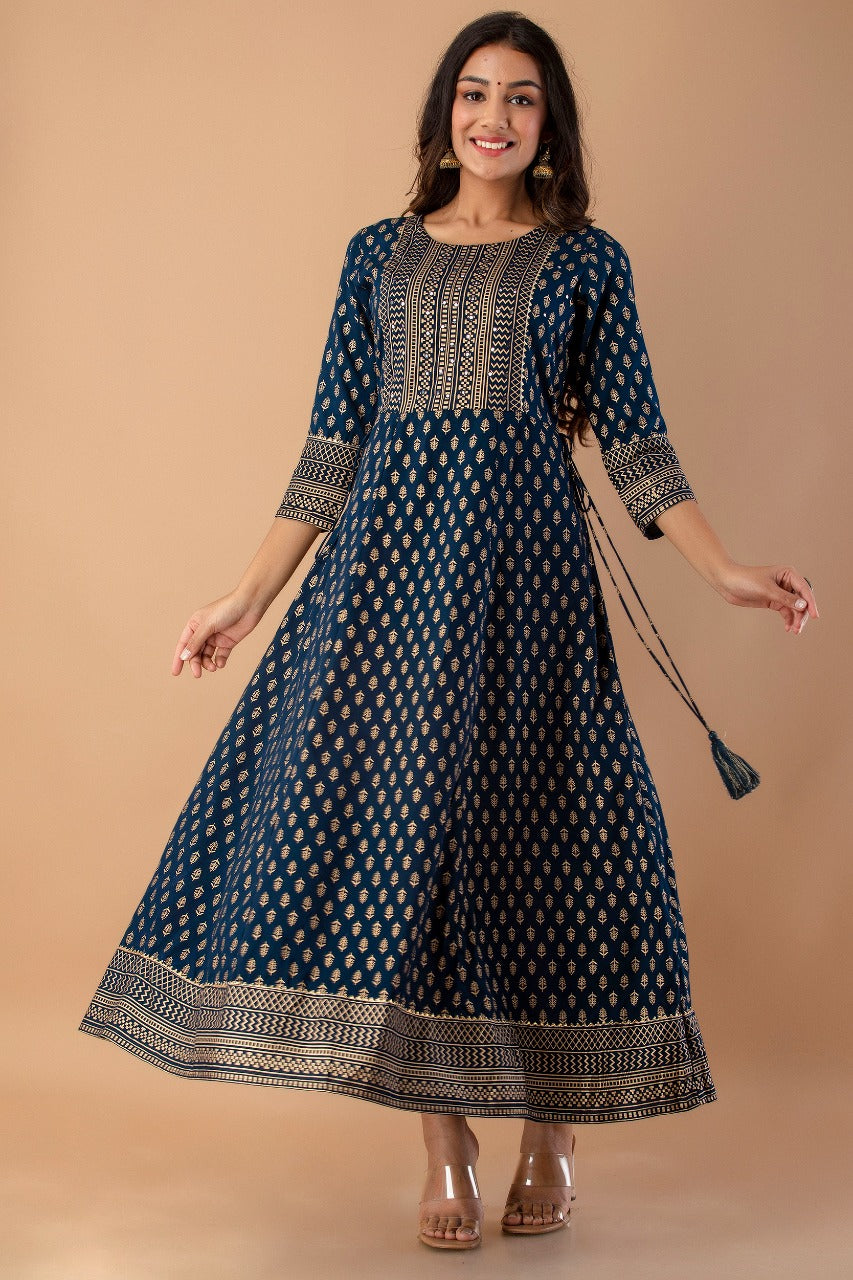 Navy Rayon Festive Wear Foil Printed A-Line Long Dress