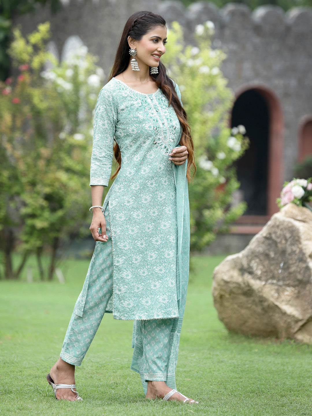 Blue Cotton Cambric Festive Printed Kurta Set