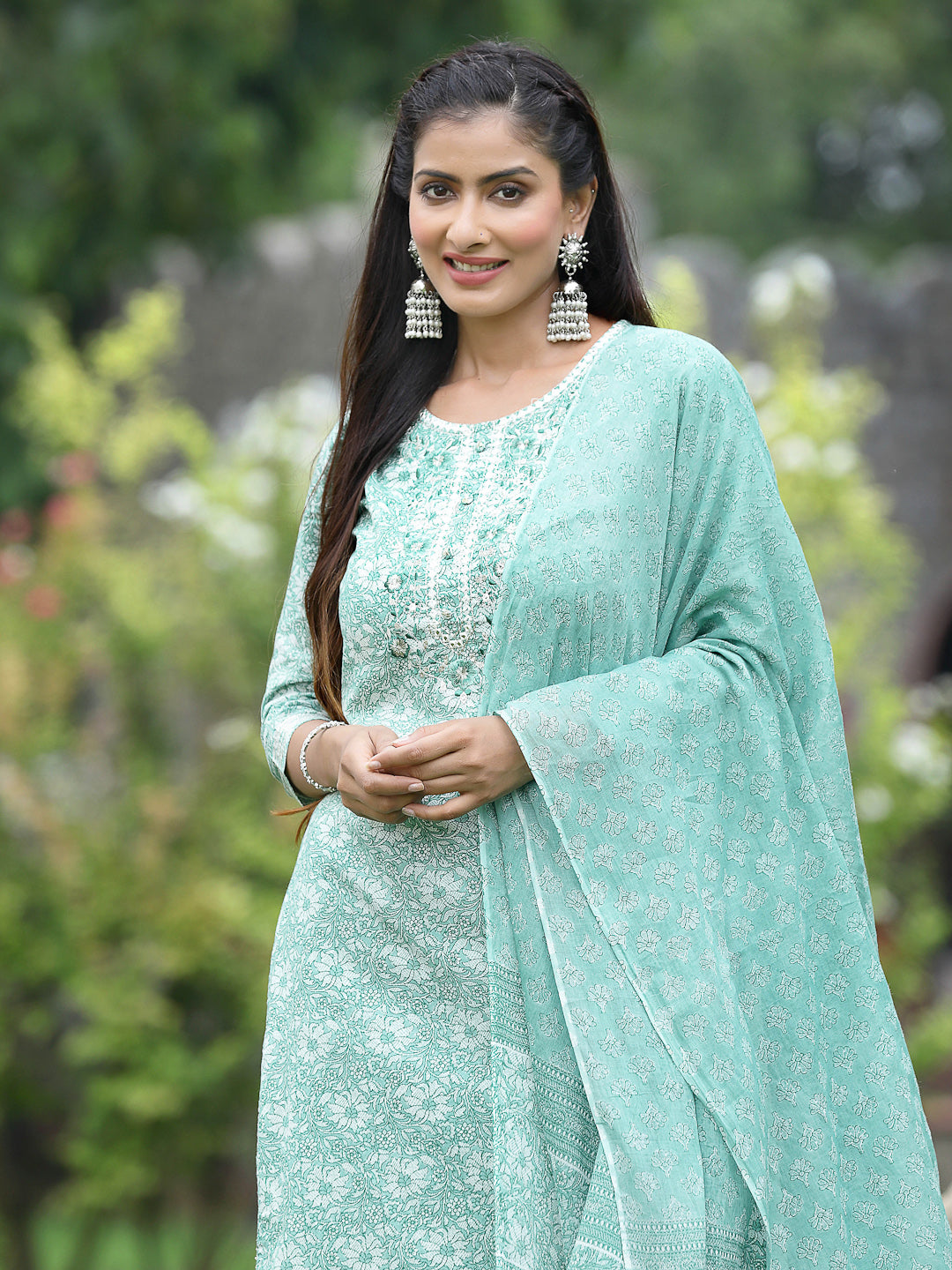 Blue Cotton Cambric Festive Printed Kurta Set