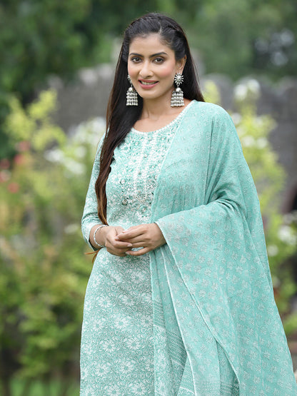 Blue Cotton Cambric Festive Printed Kurta Set