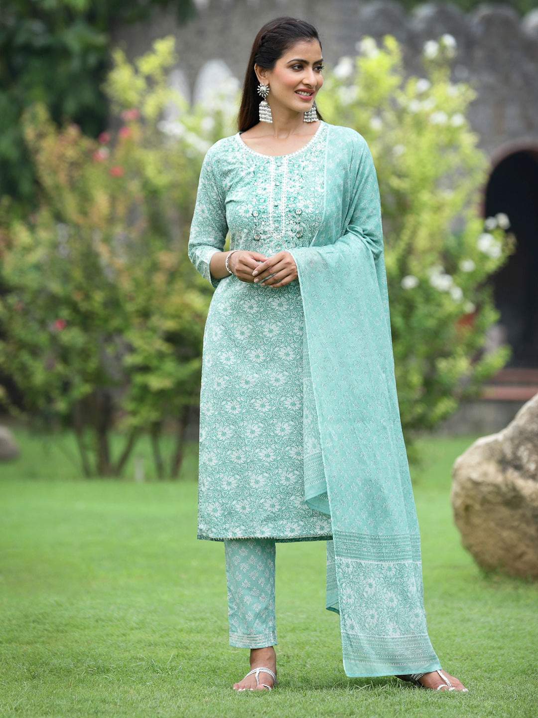 Blue Cotton Cambric Festive Printed Kurta Set