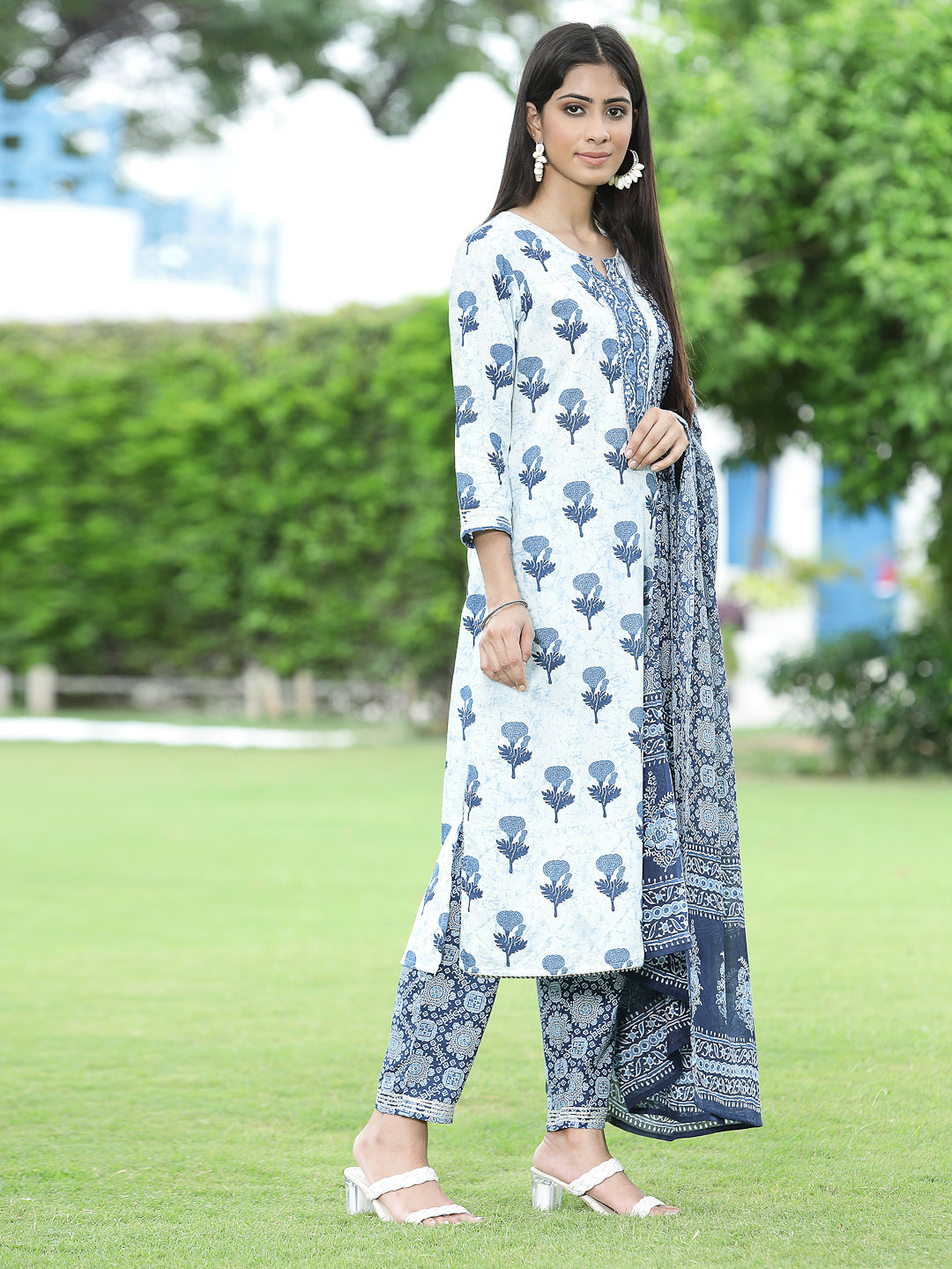 Sage green Cotton Cambric Festive Printed Kurta Set