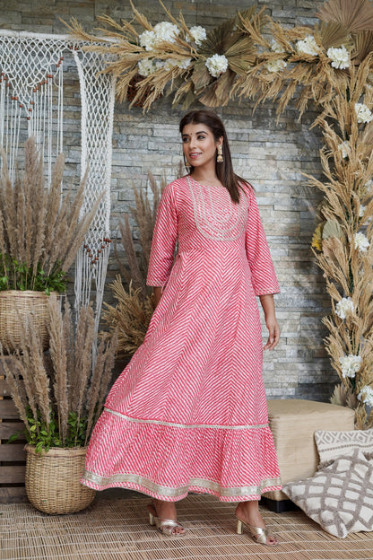 Pink Printed Flared Cotton Cambric Dress