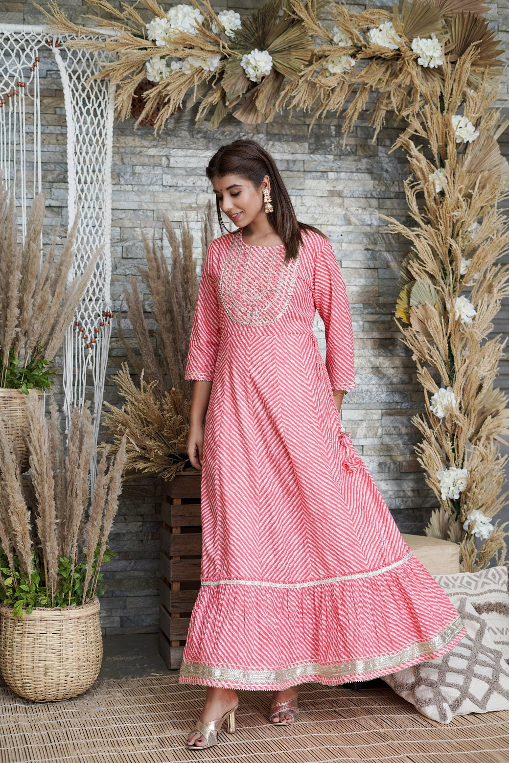 Pink Printed Flared Cotton Cambric Dress