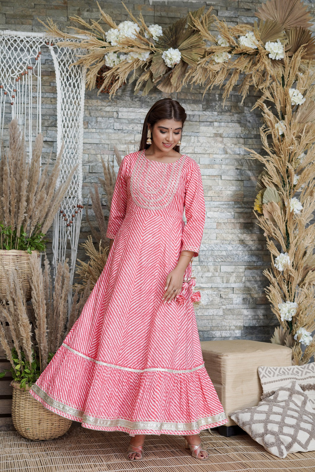 Pink Printed Flared Cotton Cambric Dress