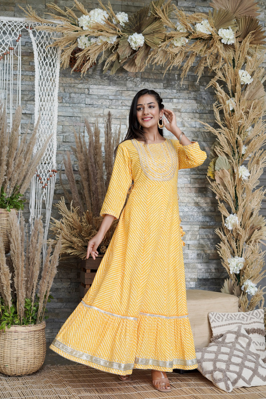 Yellow Printed Flared Cotton Cambric Dress