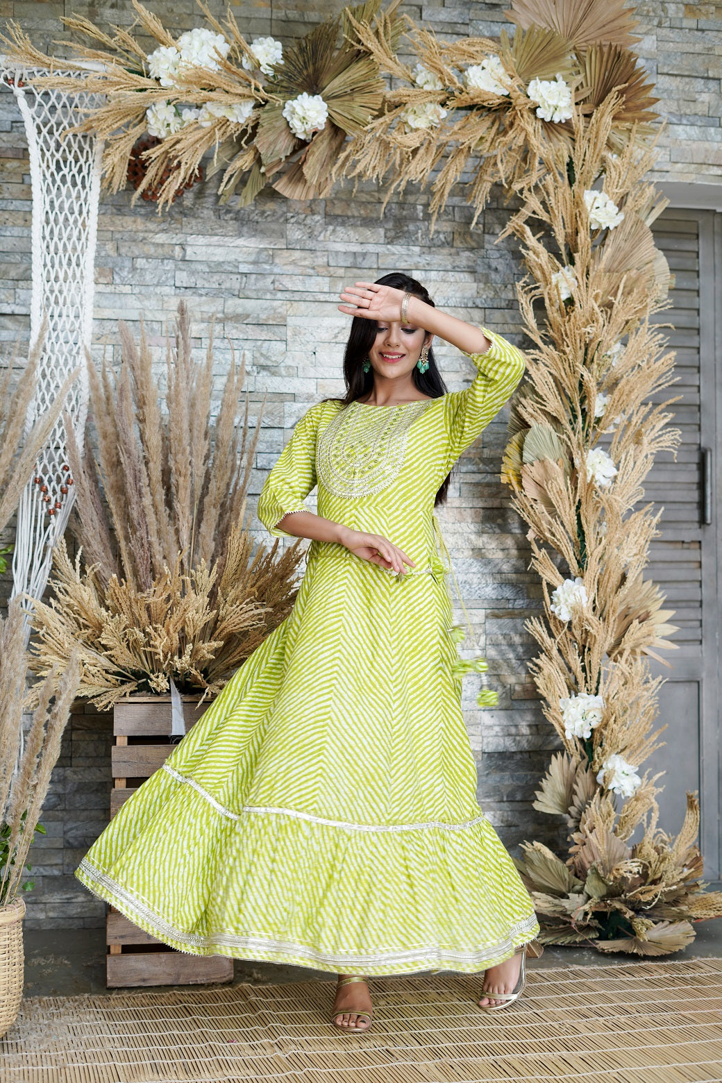 Green Printed Flared Cotton Cambric Dress