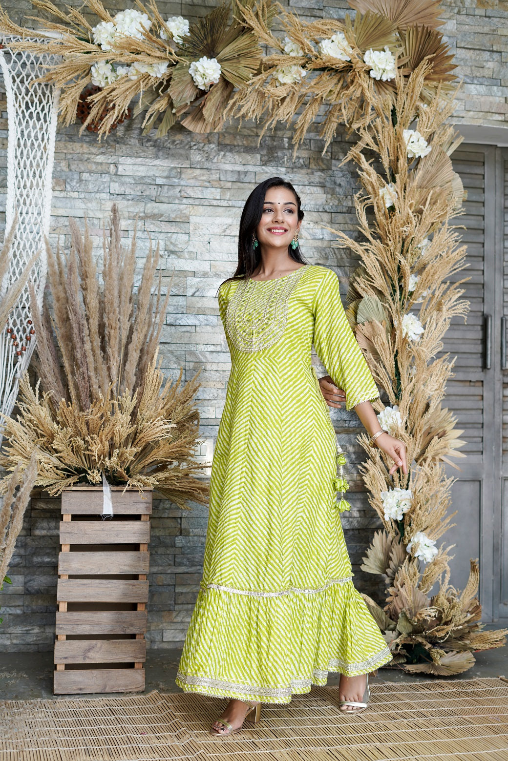 Green Printed Flared Cotton Cambric Dress