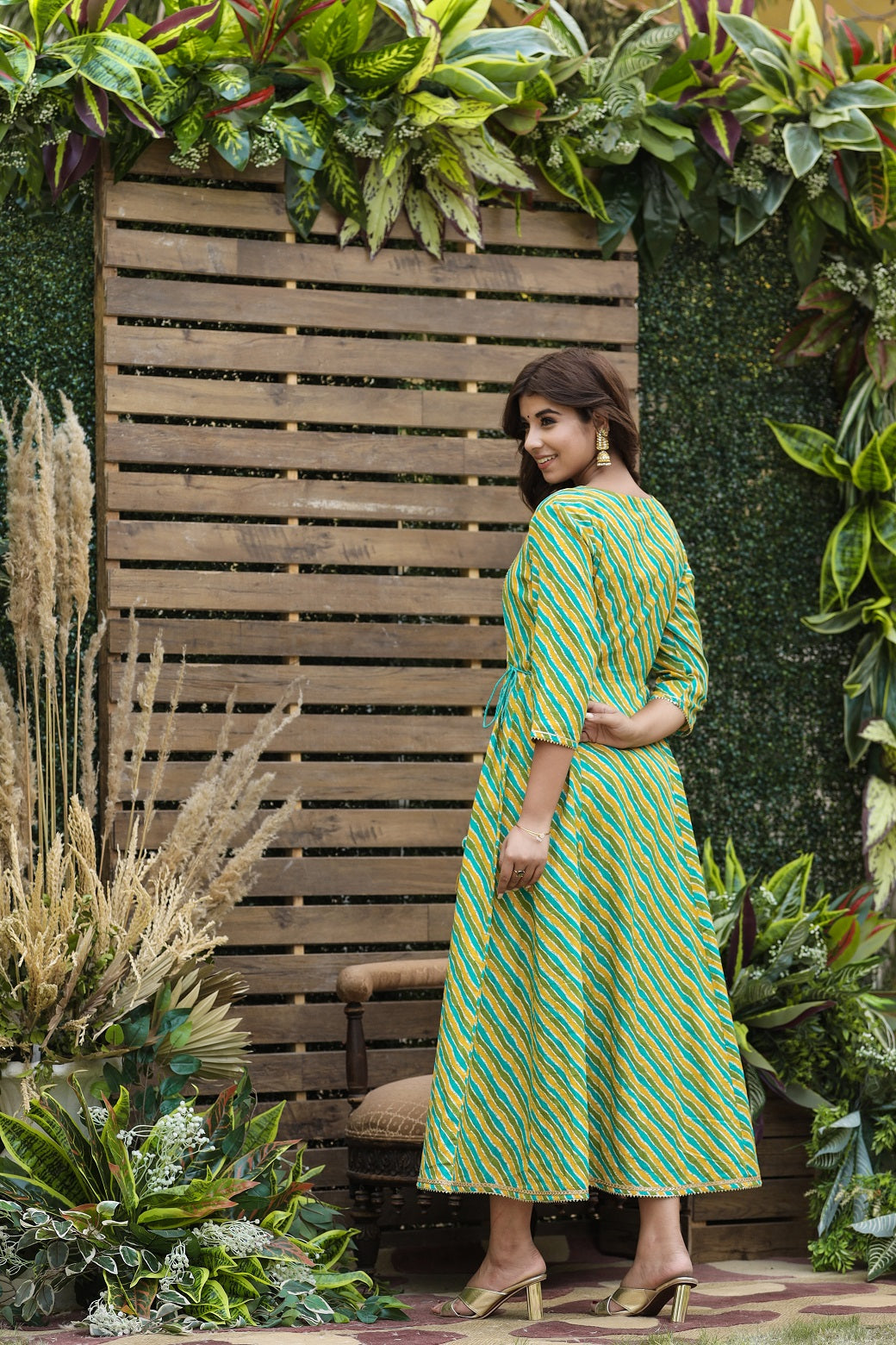 Cotton Cambric Green Printed Flared Festive Long Dress