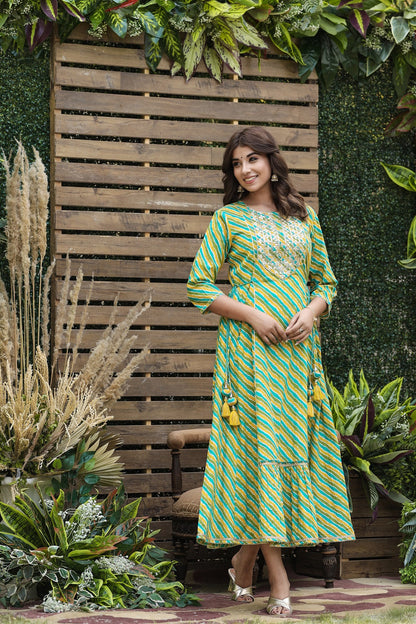 Cotton Cambric Green Printed Flared Festive Long Dress