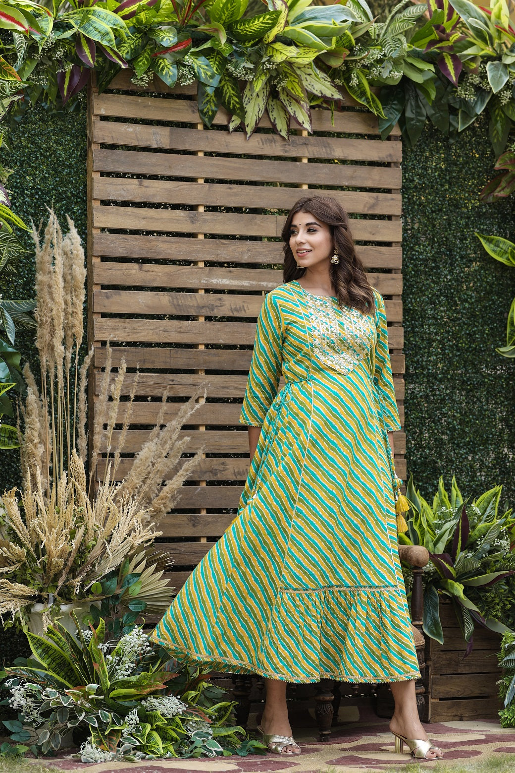 Cotton Cambric Green Printed Flared Festive Long Dress