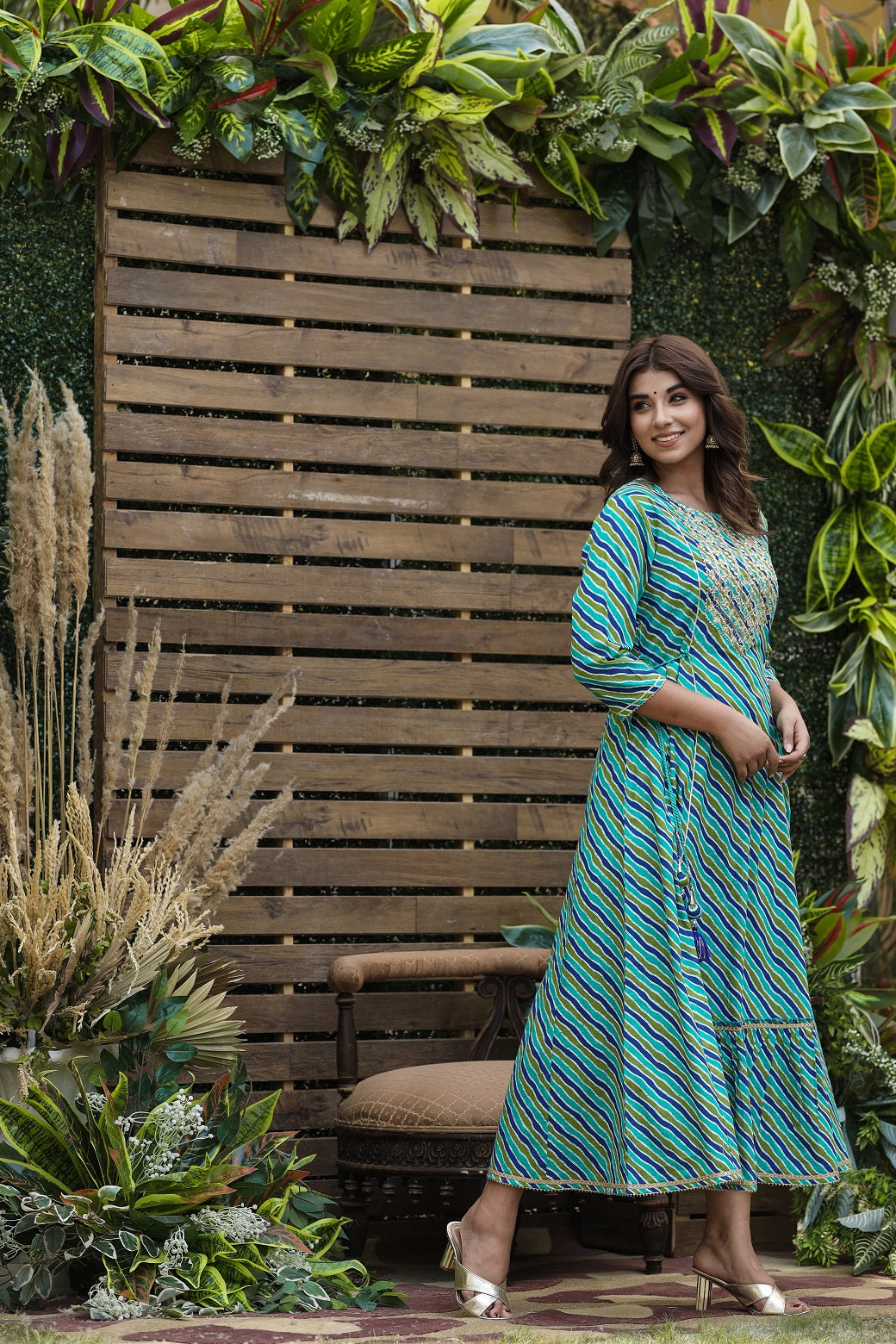 Cotton Cambric Blue Printed Flared Festive Long Dress