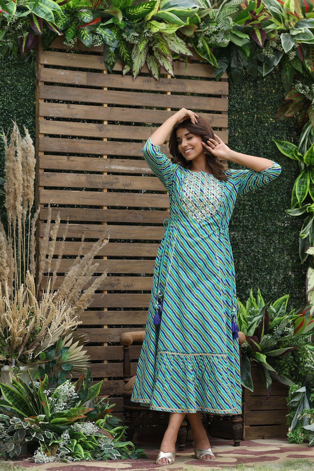 Cotton Cambric Blue Printed Flared Festive Long Dress