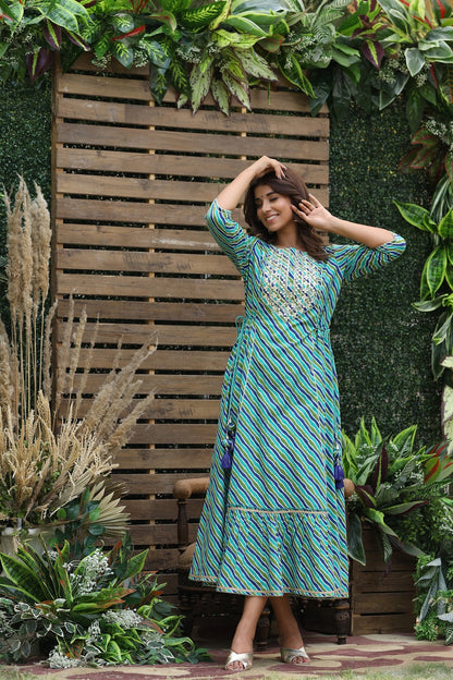 Cotton Cambric Blue Printed Flared Festive Long Dress