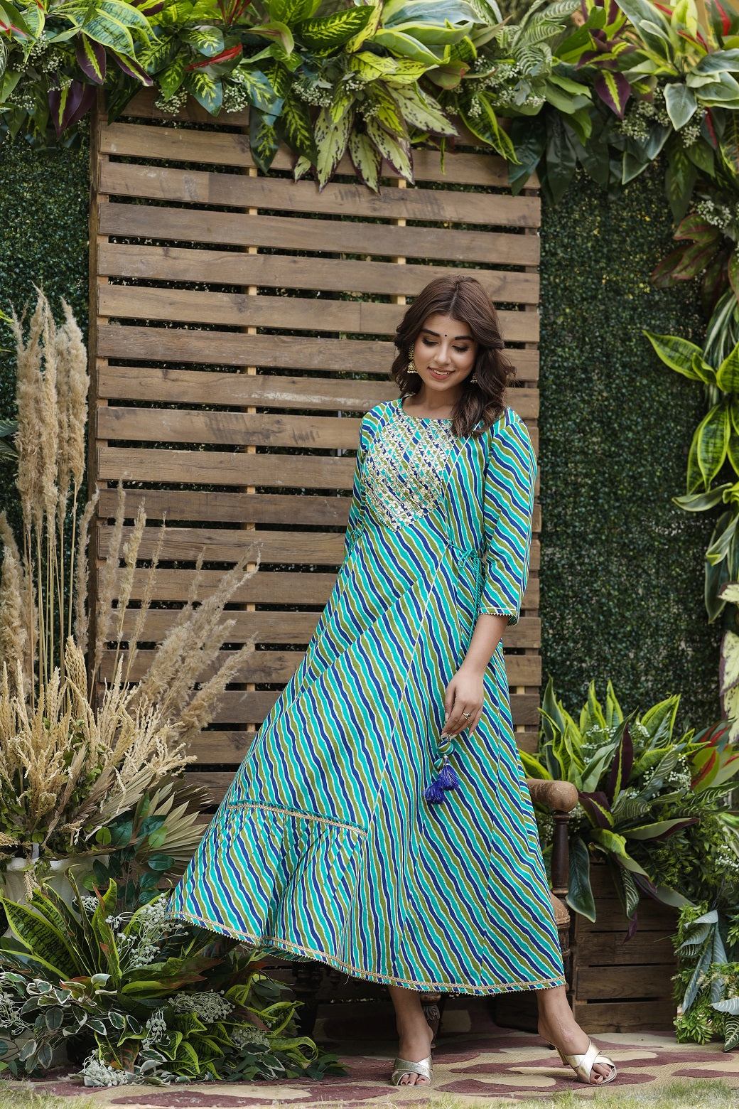 Cotton Cambric Blue Printed Flared Festive Long Dress