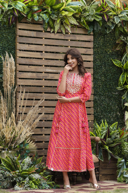 Cotton Cambric Red Printed Flared Festive Long Dress