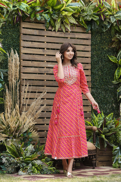 Cotton Cambric Red Printed Flared Festive Long Dress