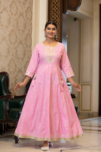 Cotton Cambric Fuchsia Printed Embroidered Flared Festive Long Dress