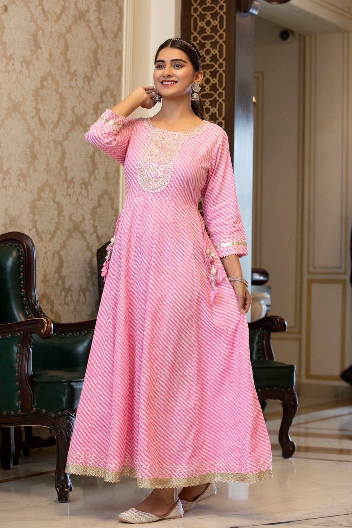 Cotton Cambric Fuchsia Printed Embroidered Flared Festive Long Dress