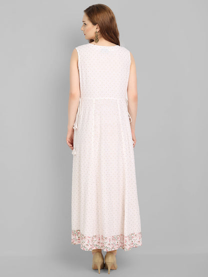 Off  White Rayon Printed Flared Dress